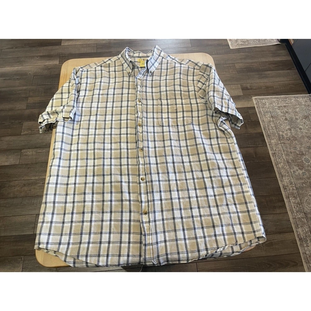 Vtg Duck Head Tan Black Plaid Linen Cotton Blend Button Up Short Sleeve Shirt L